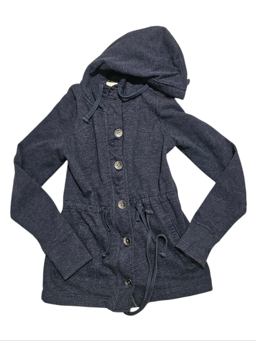 Hollister Navy Blue Charcoal Fleece Hooded Button-Up/Zip Drawstring Jacket XS